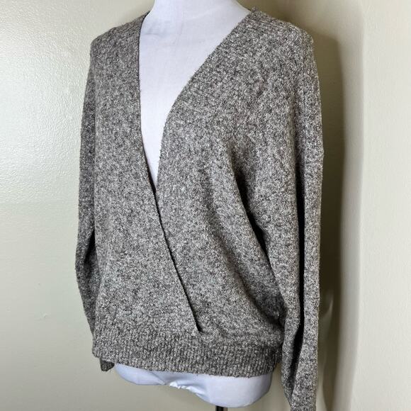 UO Silence + Noise Sweater Medium Taupe Relaxed Knitted V-Neck Faux Wrap Marled - Picture 6 of 11